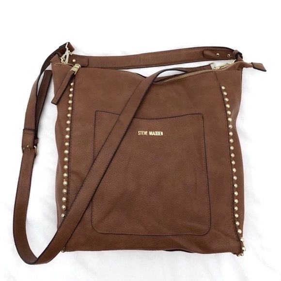 NWOT Steve Madden Large Gold Tone Studded Brown Bag - Picture 5 of 10